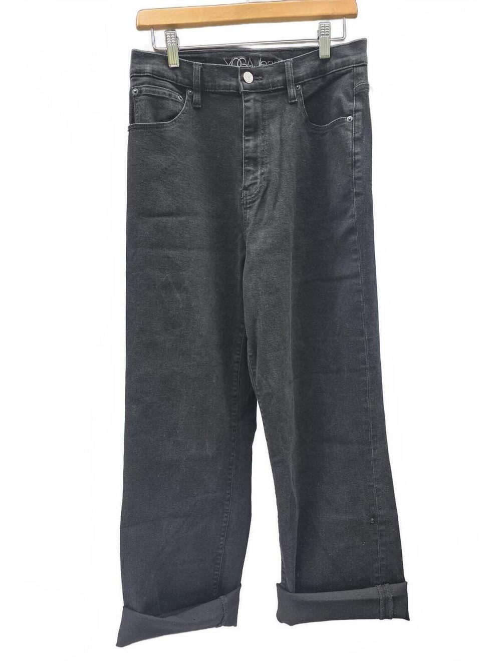 Black Cotton Yoga Jeans Straight Leg High Rise, Comfort Stretch Denim 33 Waist